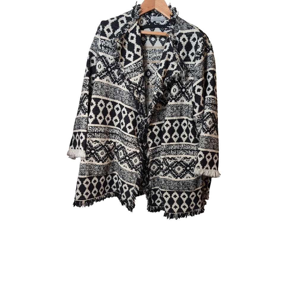 World Market Women Black White Geometric Tribal Fringe Open Front Cardigan L/XL